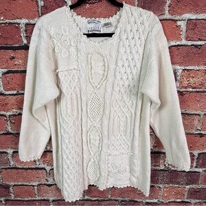 Carolina Colors Vintage Elegant White Cable Knit Floral Sweater Lg